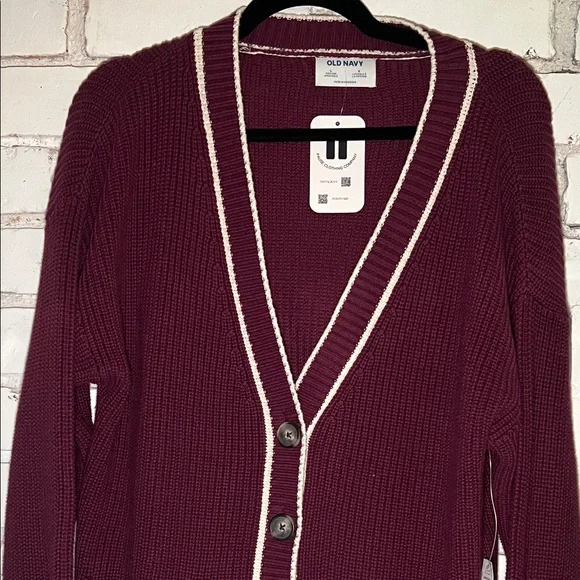 Old Navy Women's Maroon Button-Front Cardigan with Cream Trim - Picture 2 of 10